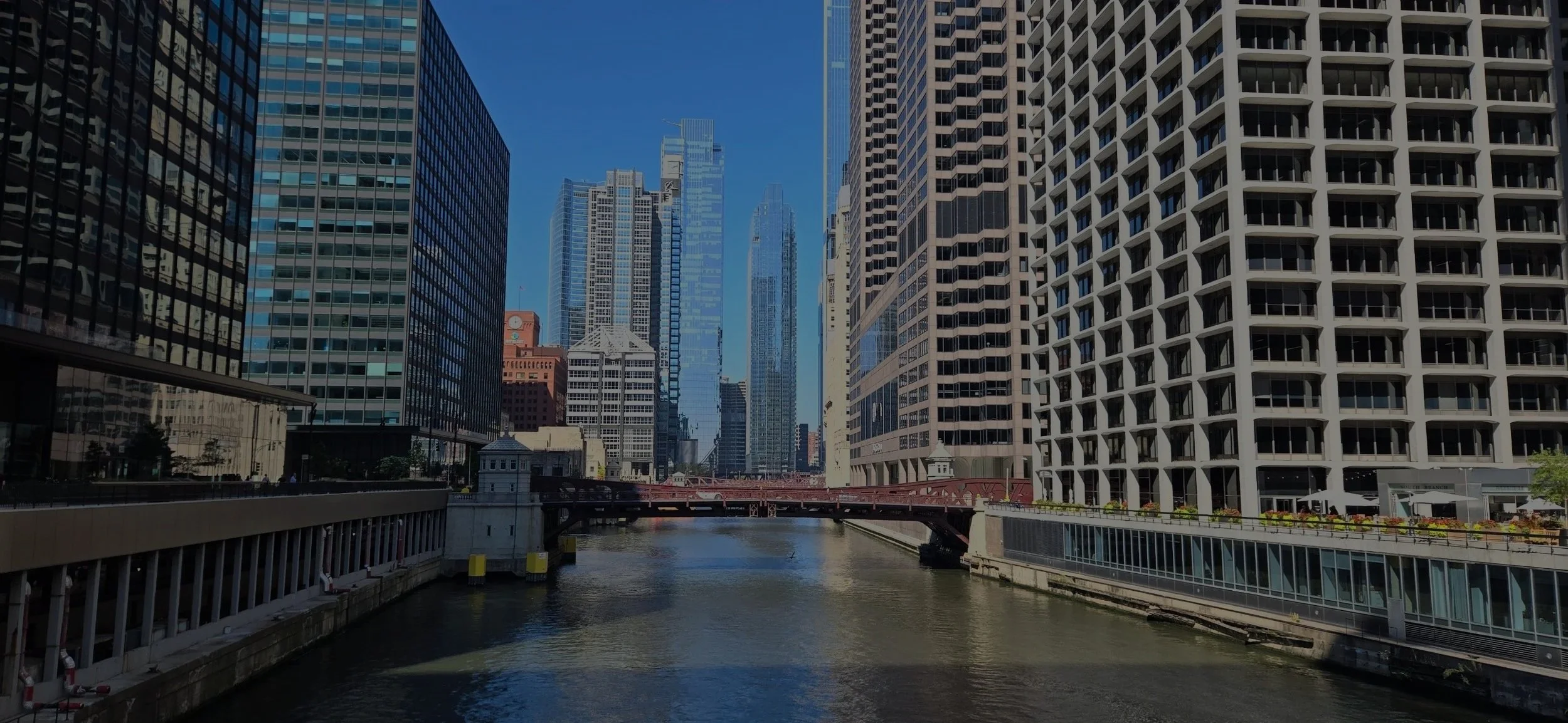 Chicago skyline along the river — our home base