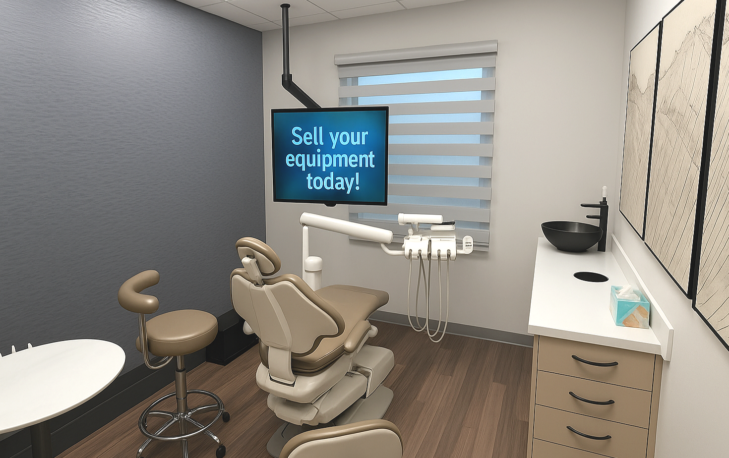 3D rendering of a dental operatory with a screen reading Sell your equipment today